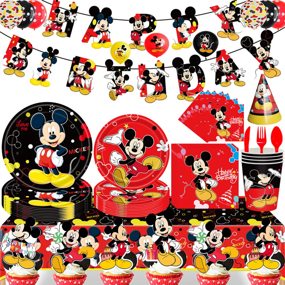 

Mickey Mouse Birthday Party Tablecloth Party Supplies Baby Shower Decoration DisposableTableware Banner Plate Balloon Cup Cards