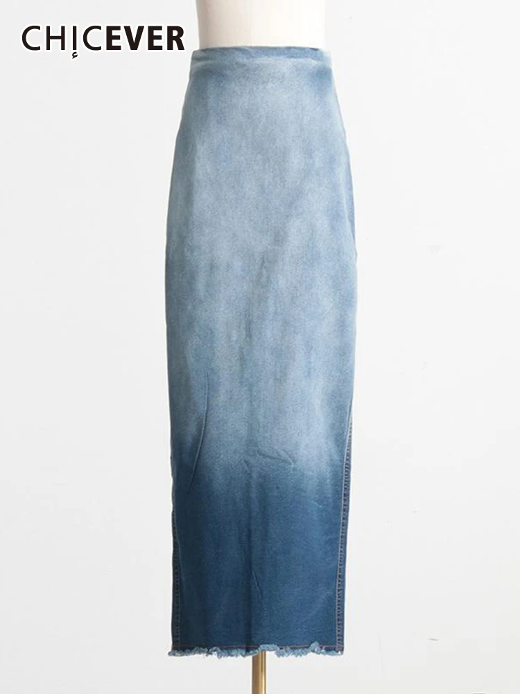 

CHICEVER Hit Color Denim Skirts For Women High Waist Gradient Patchwork Raw Hem Summer Split Slimming Midi Skirt Female 2023 New