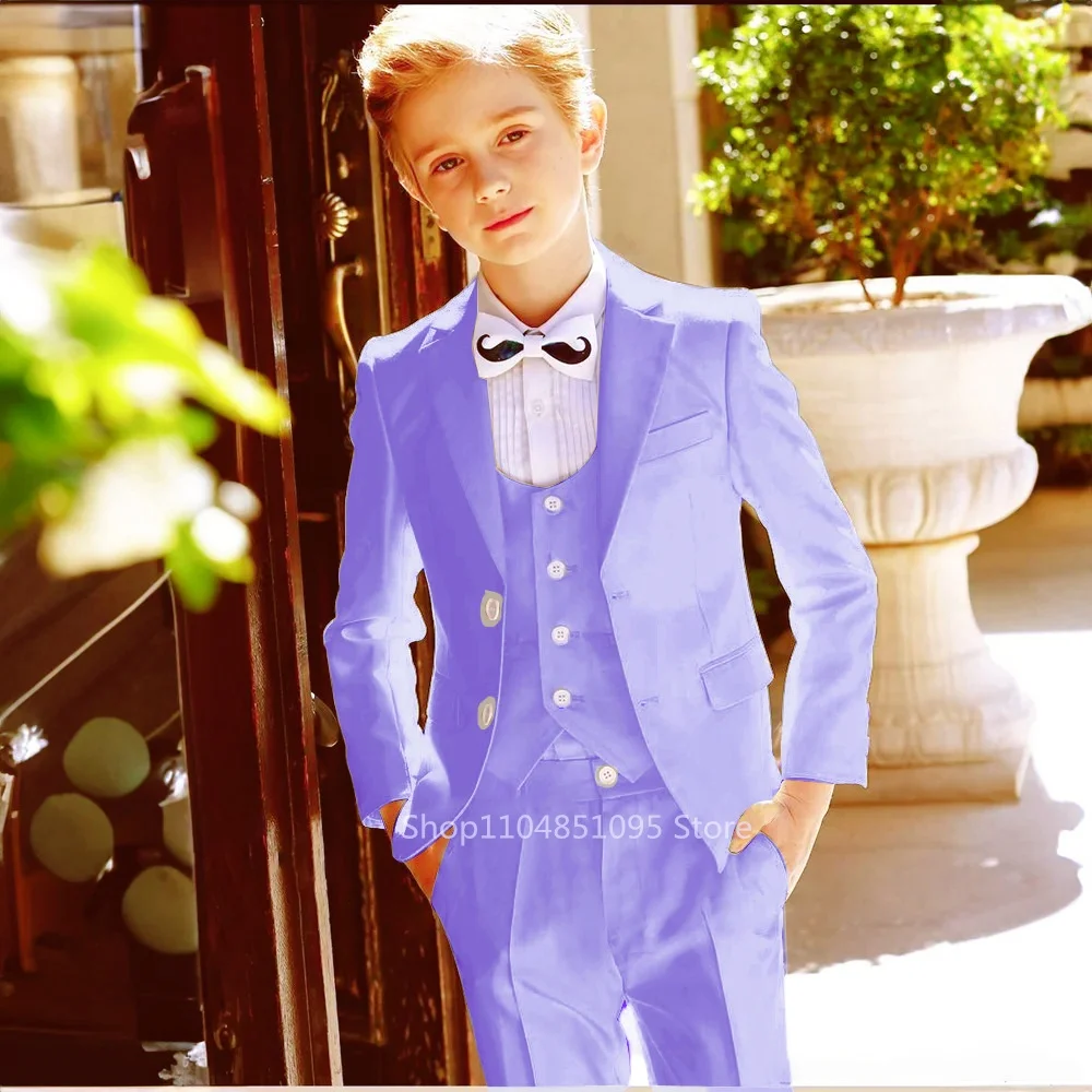 Light Blue High Quality Boy Suits Slim Fit Single Breasted Notch Lapel Elegant Boy 3 Piece Jacket Pants Vest Party Kids Sets