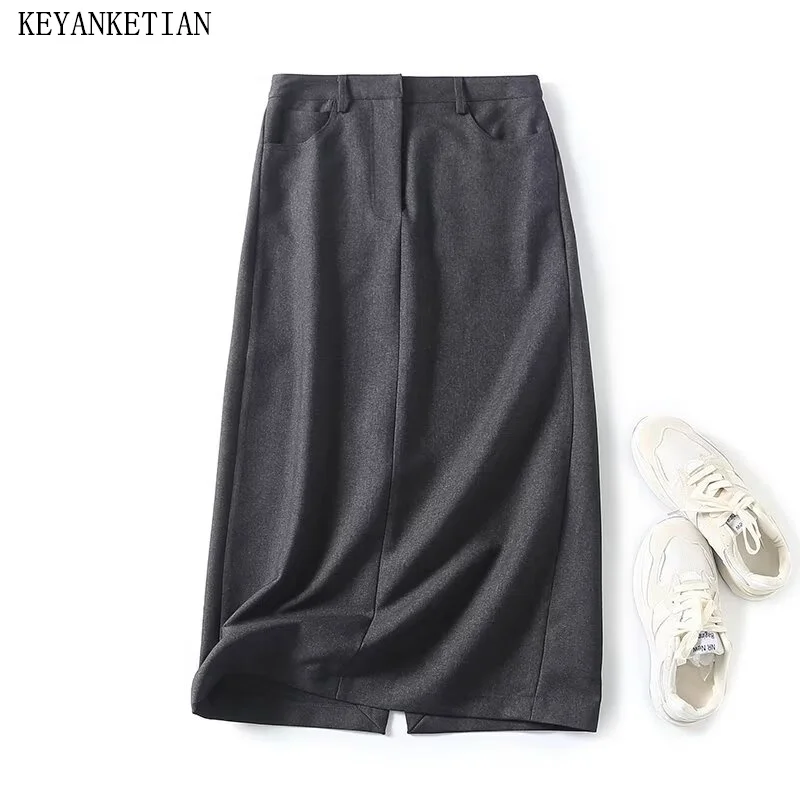 

KEYANKETIAN 2024 New Launch Women's Dark grey Long Suit Skirt Spring Simply Zipper High-Waisted A-line Ankle-Length MIDI Skirt