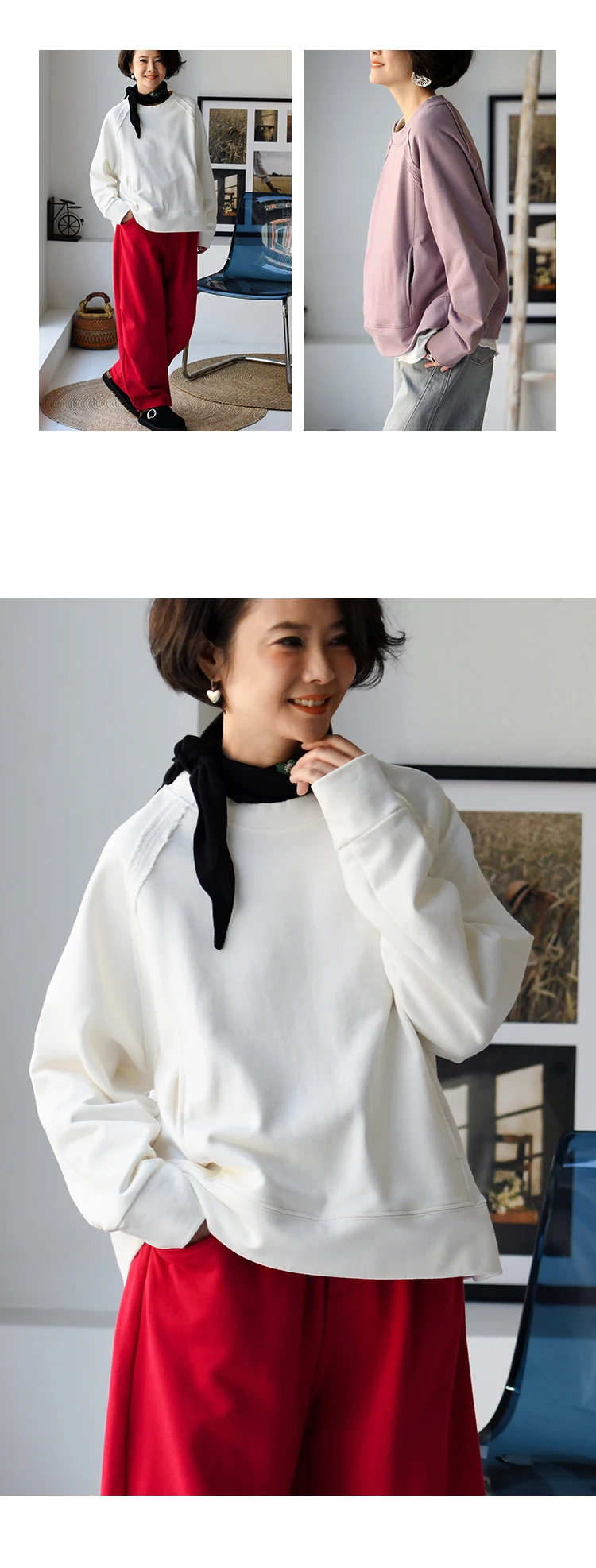 R67261 Korean Style Versatile Outer-Stitched Round Neck Raglan Sleeve Slimming Pure Cotton Pullover Sweatshirt for Women 25 Spring