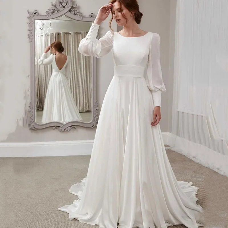 

2023 New Simple Elegant Chiffon O-Neck Wedding Dress Backless Lantern Sleeve Sweep Floor-Length Train Bridal Gown Robe De Mariée