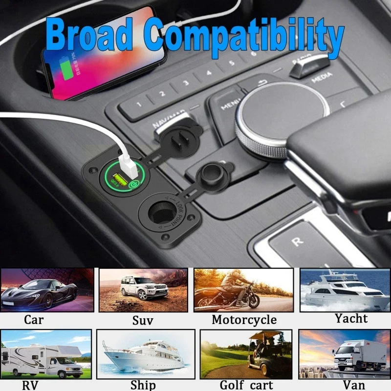 QC 3.0 Dual USB Car Charger C-Igarette Lighter Socket 12V Fast Charger with Contact Switch for Boat Motorcycle Truck