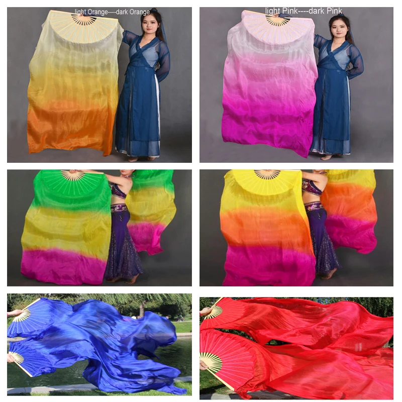

New Arrival Chinese Soft Real Silk Bamboo Fans Veils For Belly Dance Stage Performance Fan Props Gradient Dancing long Fans