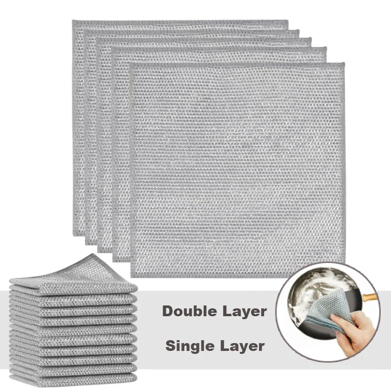 5/10/20pcs metal steel wire rags silver wire cleaning kitchen cloths thickened double-sided metal sponge steel wool ball rags metal cleaning cloth
