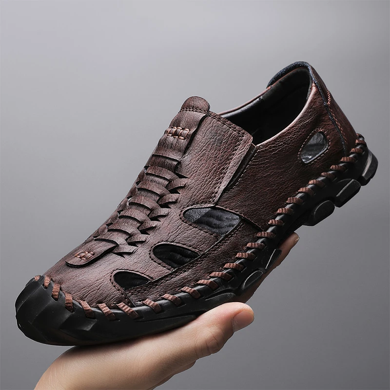 

Summer Leather Sandals Big Size 38-48 Handmade Sewing Men's Sandales Fashion Slip-on Beach Shoes Casual Sandal Black Brown Gray