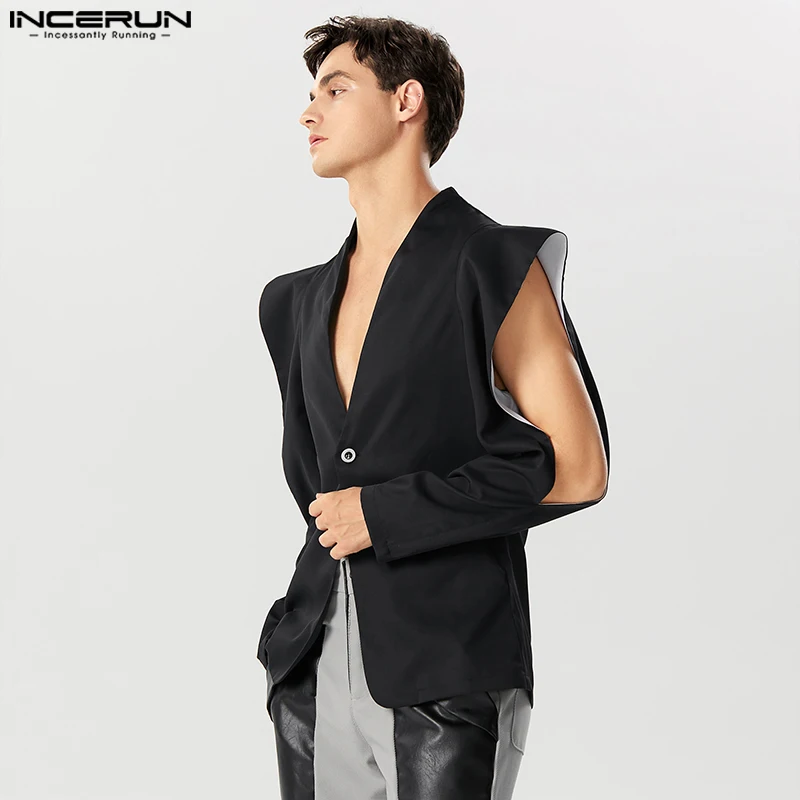 INCERUN 남성용 솔리드 라펠 긴팔 블레이저, 단추 불규칙 정장, 남성용 스트리트웨어, 할로우 아웃 패션, 얇은 코트 S-5XL, 2023
