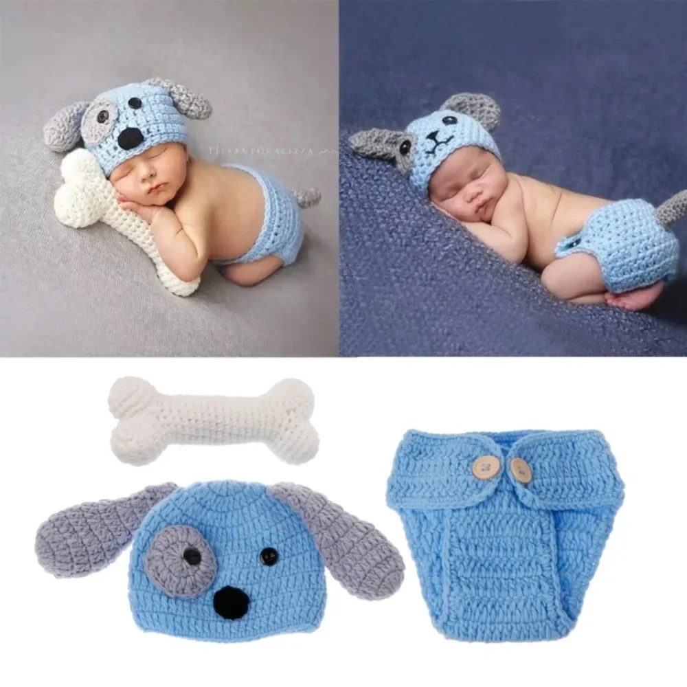 

Newborn Photography Props Baby Puppy Costume Hat Cape Set Boy Girls Photo Shoot Props Outfits Crochet Knitted Dog Clothes Studio