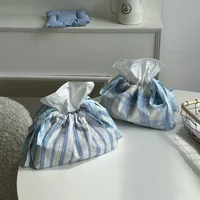 Portable Tissue Box Draw Rope Tissue Storage Bag Ins Grid Stripe Paper Organizer Wet Wipes Case Car Pouch Outdoor Useful Korean 1