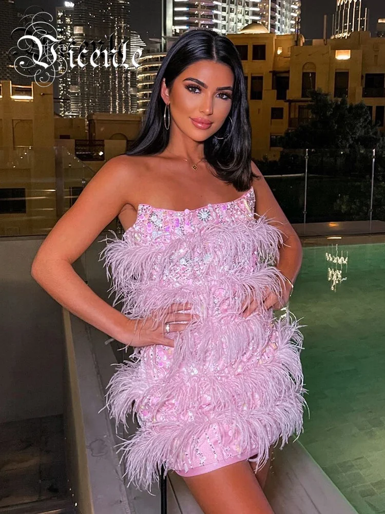 

VC Pink Strapless Short Prom Dress Women Sexy Sleeveless Party Mini Sequins Dress With Feather Mujer Vestido