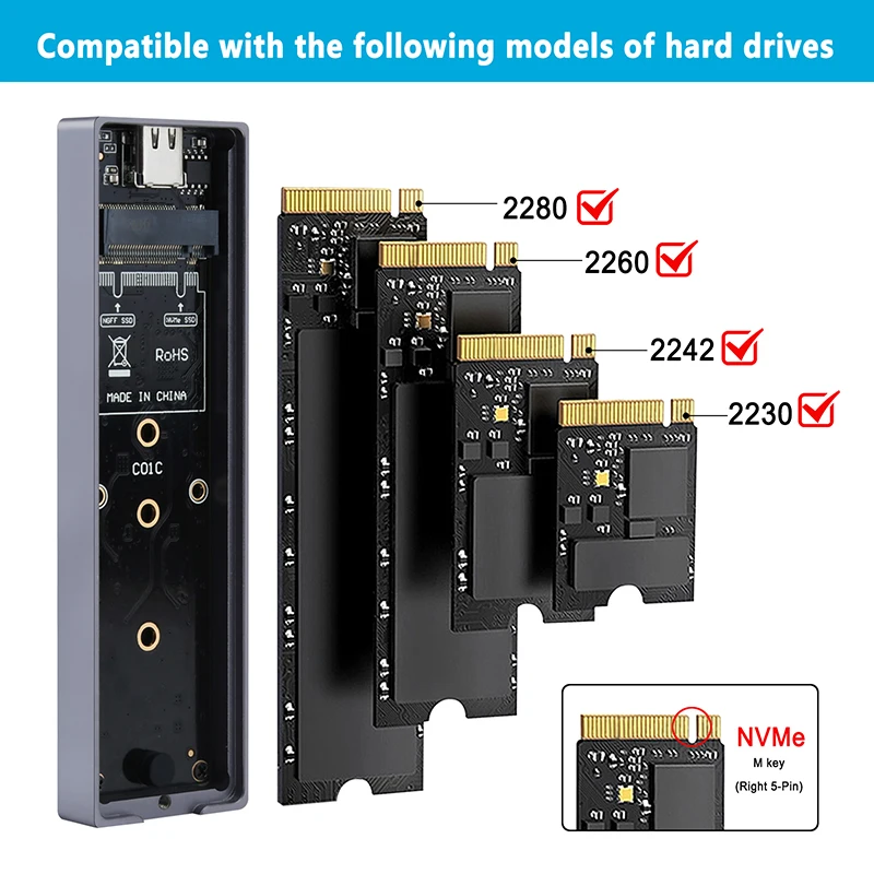   SSD ̽ NVME M.2 SATA SSD Ŭ, RGB LED USB C 3.2 Gen2 NVMe NGFF 10G PCIe M2 SSD ޴ ܺ , PCIe