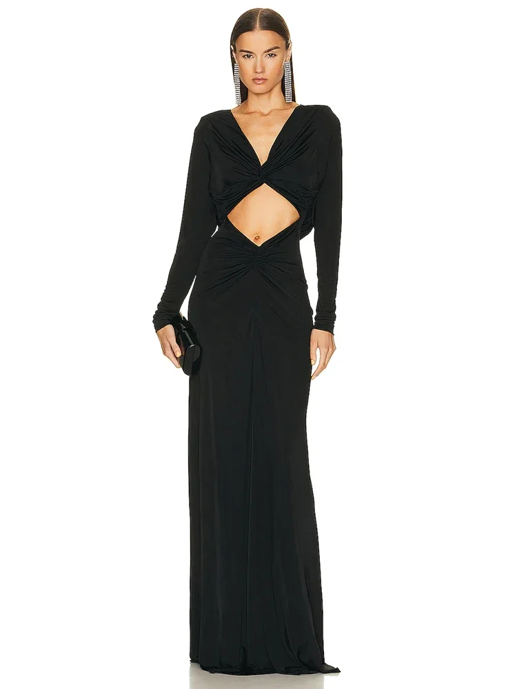 

Birthday Party Dresses For Women Special Events Sexy V Neck Waist Hollow Out Design Long Sleeves Black Gowns