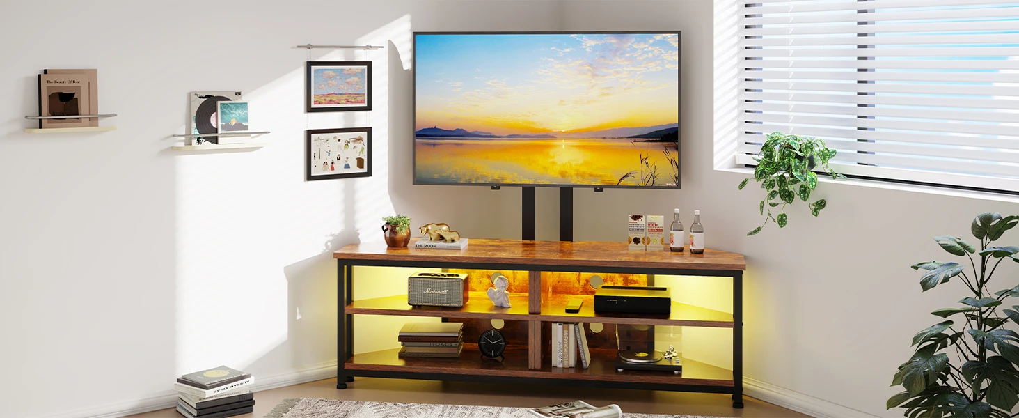 TV stand with built-in LED lighting, featuring three tiers for storage. Black metal frame with wood shelves, supporting a large flat-screen TV showing a sunset scene.