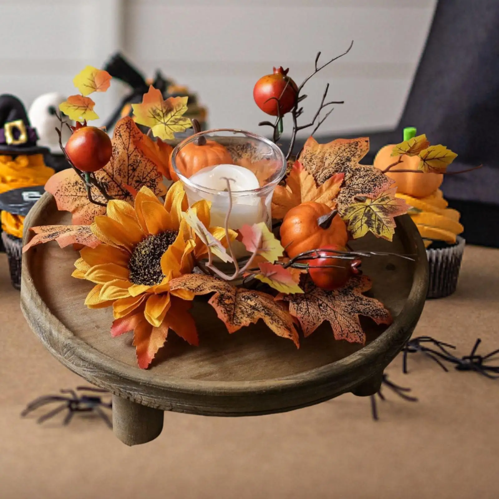 Candle Ring Artificial Wreath Decorative Ornament Rustic Maple Leaves Fall Wreath for Party Living Room Festival Table Farmhouse