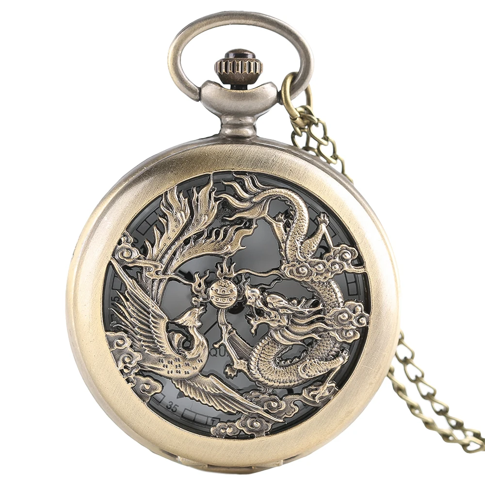 

Exquisite Hollow Dragon Phoenix Bronze Pocket Watch Quartz Analog Pendant Necklace Clock Gift Antique Style Fashion Timepiece