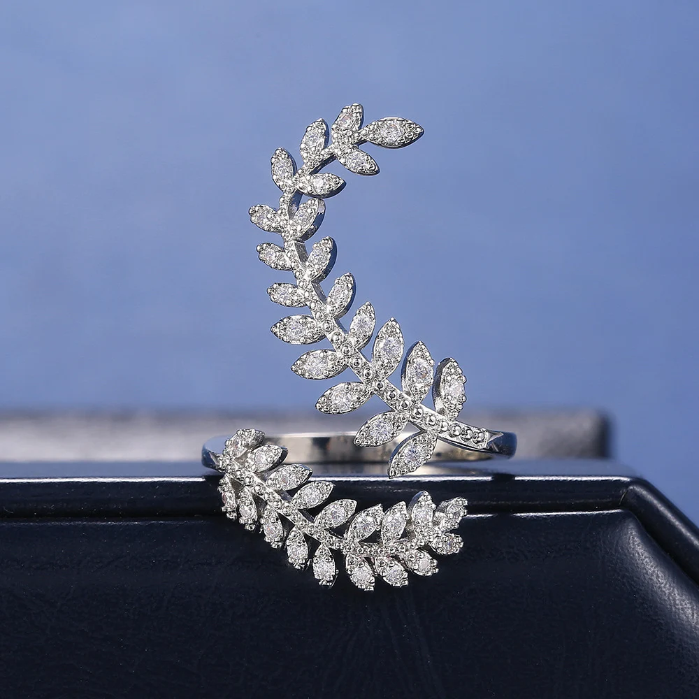 Fashion Leaf Opening Ring Women Wedding Party Delicate Finger Ring Cubic Zirconia Adjustable Jewelry