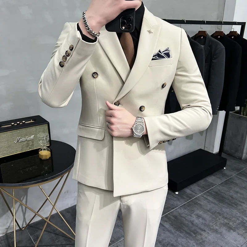 Brand Solid Color Formal Casual Business Office Double Buttons Suit Two-pcs Set Jacket Pants Groom Wedding Dress Party