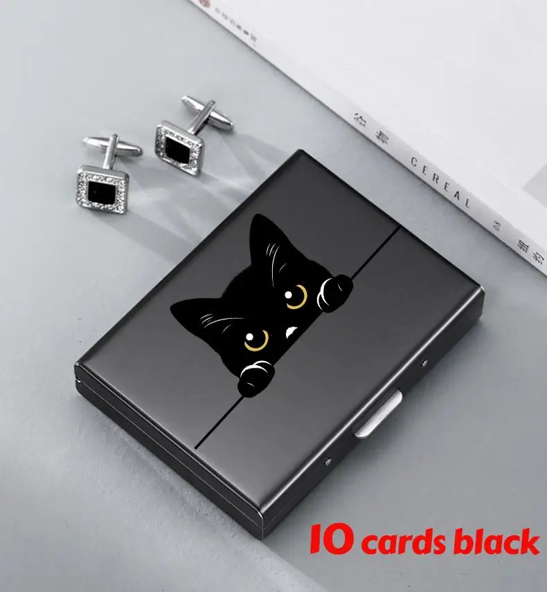 Sleek Cat-Themed Stainless Steel Card Holder Wallet – 10 Slot Multifunctional Design