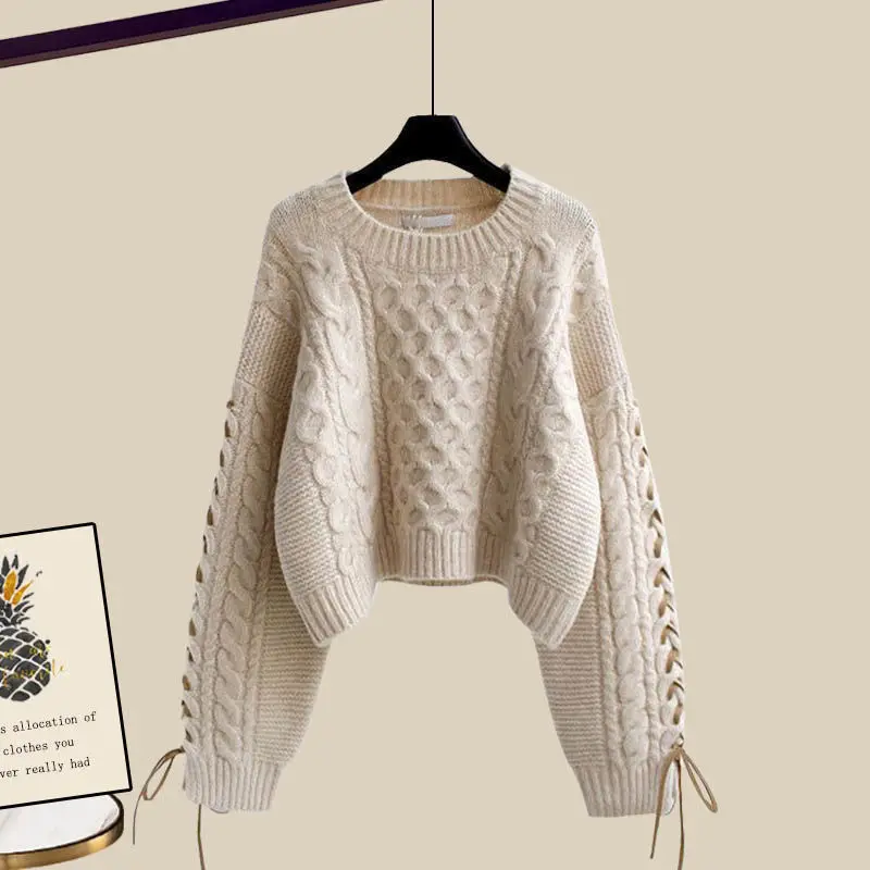 Large Women's Autumn and Winter Set 2023 New Pullover Knitted Sweater Women's Loose and Slim Casual Pants Two Piece Set