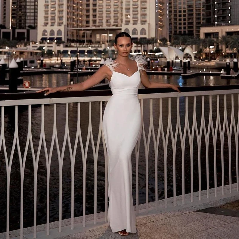 

Платье женское свадебное без рукавов с перьями, Пляжное белое платье невесты с юбкой годе, индивидуальный пошив