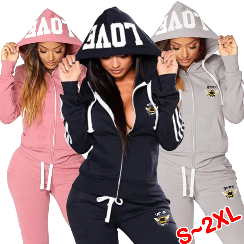Women's jogging sportswear two-piece set fashionable and sexy three striped hoodie+sports pants set women's jogging hoodie set