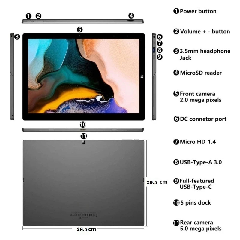 CHUWI UBook Tablet 12" Windows 11 Intel Celeron N4120 LPDDR3 8GB RAM 256GB SSD ROM 2K IPS Screen 1 x USB-A 3.0 3