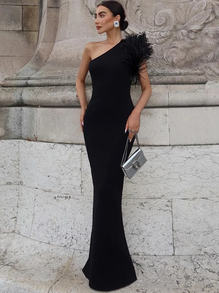 Dulzura Black Sleeveless One Shoulder Feather Maxi Dress For Women Bodycon Sexy Party Elegant Long Dress Birthday Evening Outfit 2