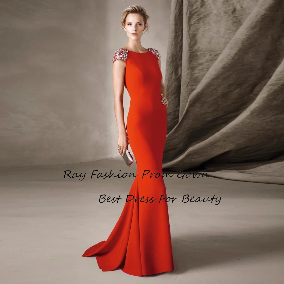 

Ray Fashion Mermaid Evening Dress Boat Neck Short Cap Sleeves With Beading Crystal For Women Formal Occasion Gown فساتين سهرة