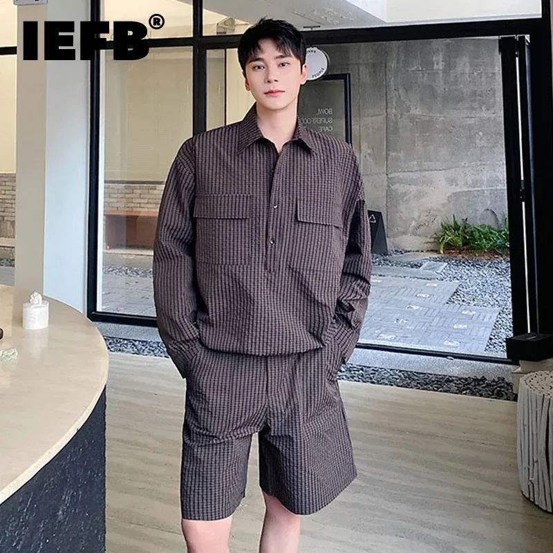 

IEFB Summer Plaid Male Suit Turn-down Collar Long Sleeve Shirt Wide Leg Shorts Two-Piece Set Casual Loose Menwear Trend 9C5338