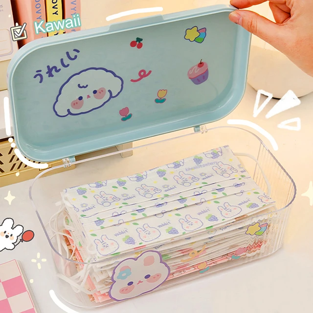 Kawaii Storage Box With Sticker Lid Cute Portable Mask Case Holder Plastic  Container For Cosmetics Stationery Desk Organizer