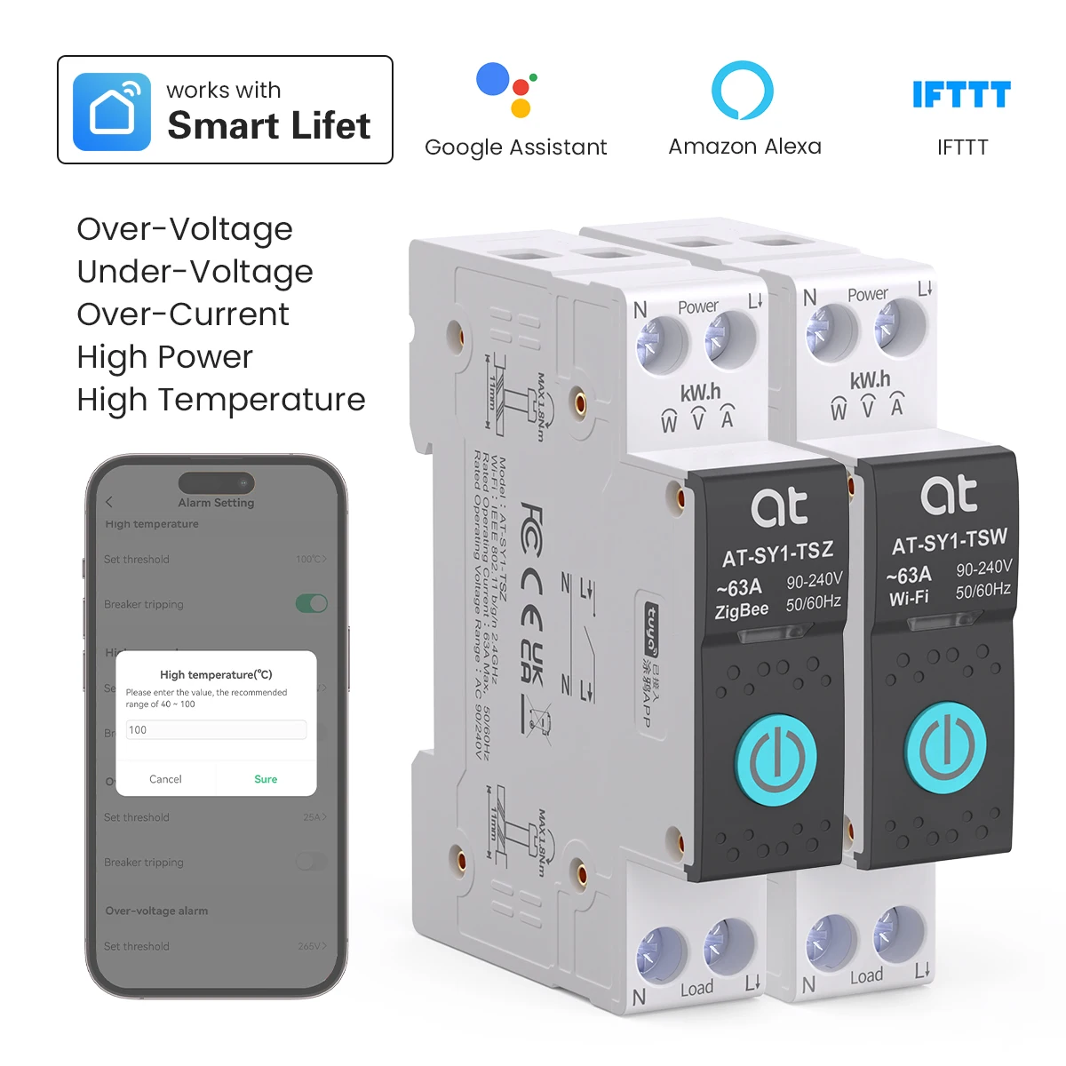 เบรกเกอร์อัจฉริยะ TUYA WIFI พร้อมมิเตอร์วัดพลังงาน 1P 63A ควบคุมระยะไกลแบบไร้สายสำหรับบ้านอัจฉริยะ ใช้กับราง DIN ควบคุมผ่านแอป ATELE 1