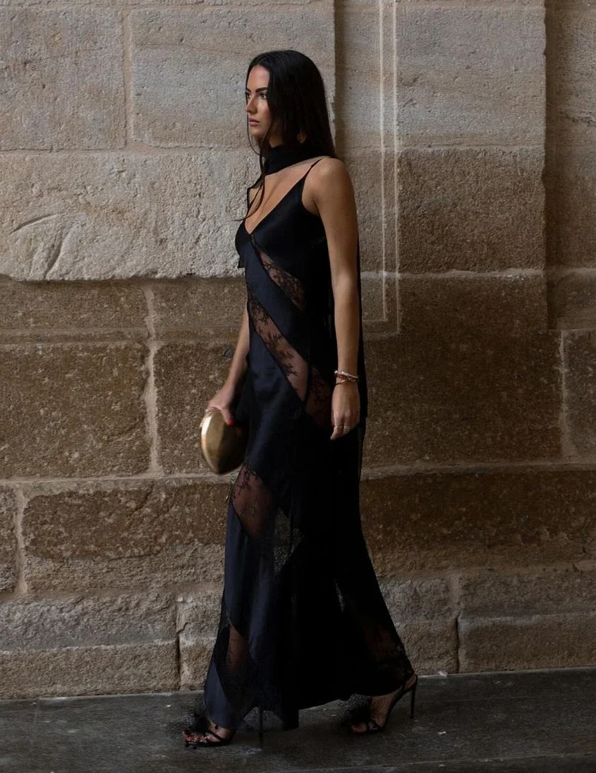 

Fashion Lace Patchwork Sling Long Dress for Women Sexy Lace See Through Sleeveless Loose Dresses 2024 Female Chic Party Vestidos