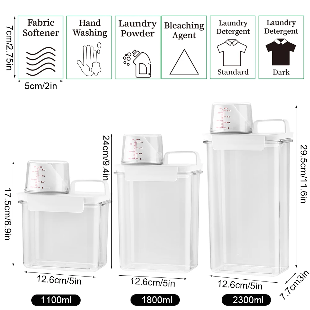 Airtight Laundry Detergent Dispenser Leak-Proof Refillable Empty Tank for Powder Softener Bleach Storage Container with Labels