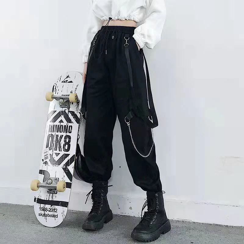 Cargo Pant  With Chain Pockets Elastics High Wais Black Jogger Trousers Summer Hot Punk Harajuku Streetwear Woman Pants women's clothing