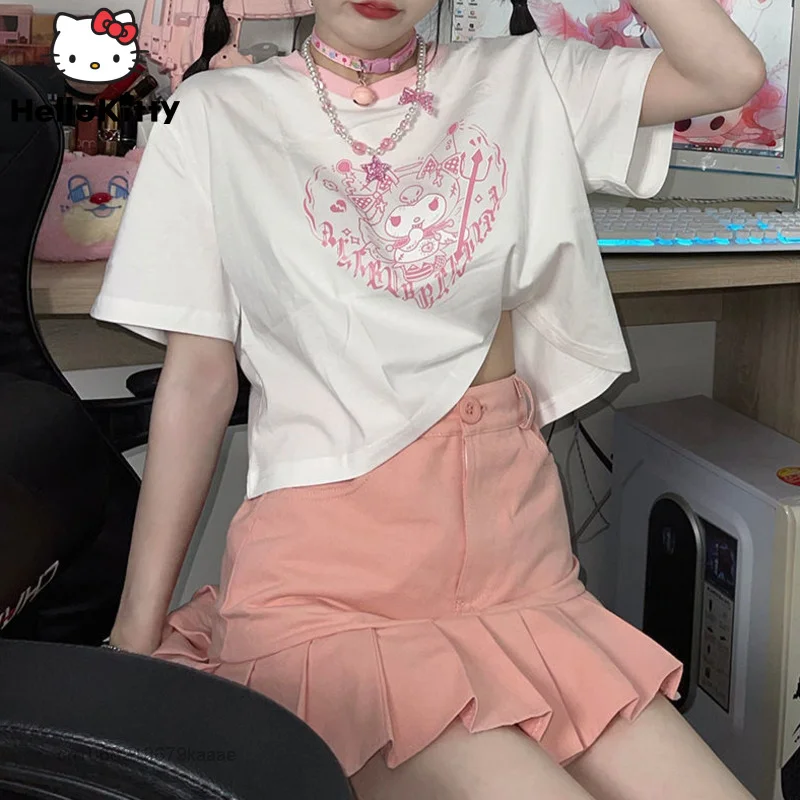 

Sanrio Kuromi Summer Clothes Cartoon Print Short Sleeve T-shirts Y2k Tops Japan Harajuku Tshirt Women Crop Top Female Short Tees