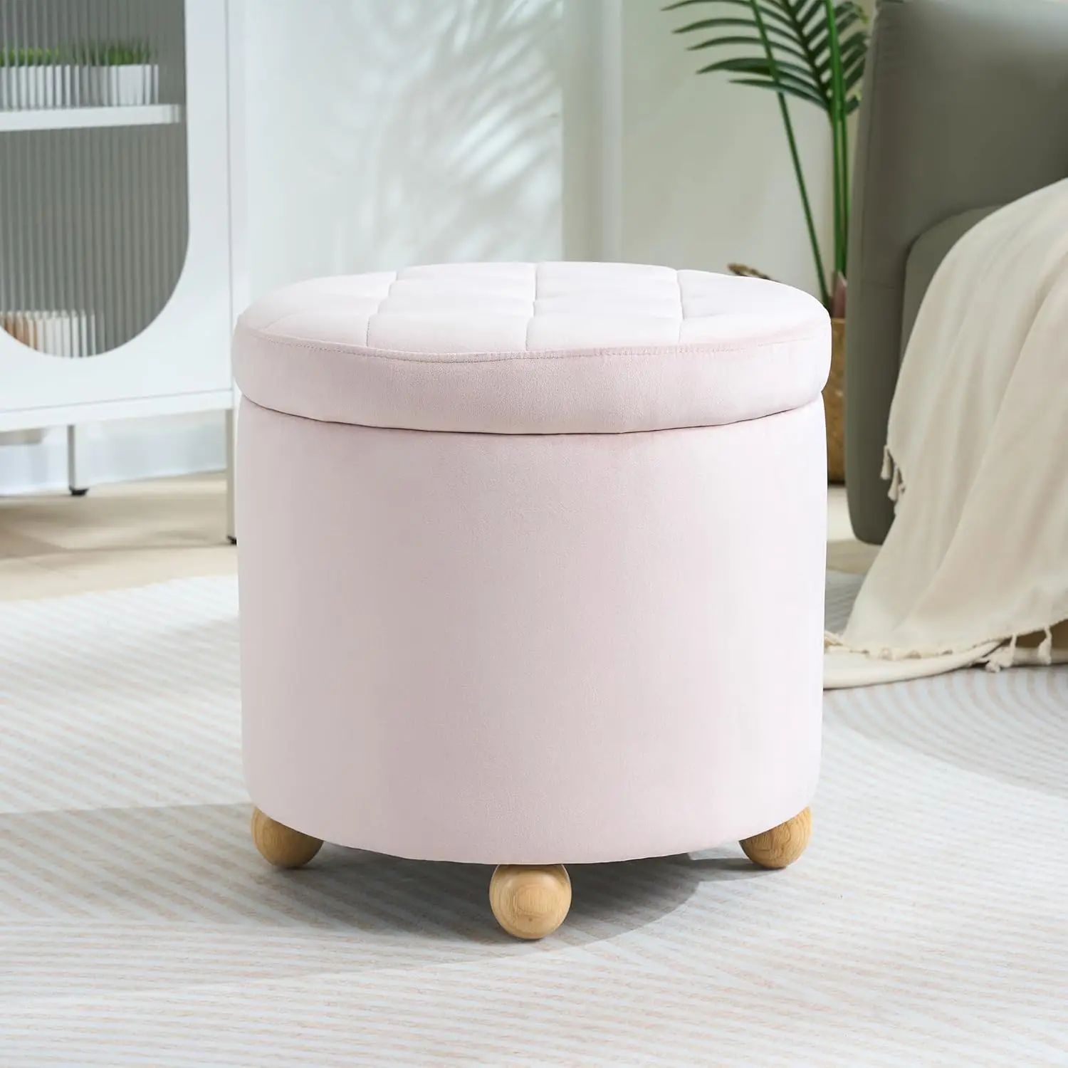 Round Storage Ottoman with Tray, Modern Tufted Fabric Foot Rest Ottoman with Wooden Spherical Feet Round Vanity Stool
