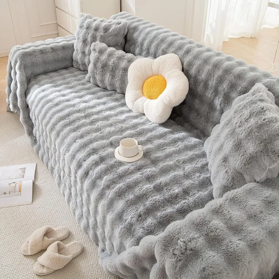 Plush Sofa Cover Thick Faux Fur Shaggy Fuzzy Sectional Couch Cover Universal Gray Furniture Cover Fluffy Sofa Slipcover for Cou