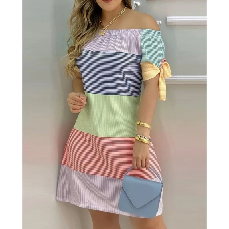 

Ladies Dress 2023 Summer Fashion Loose Casual Women's Wear Colorful Stripe Printing Tie Up Off Shoulder Strap Mid Waist Vestido
