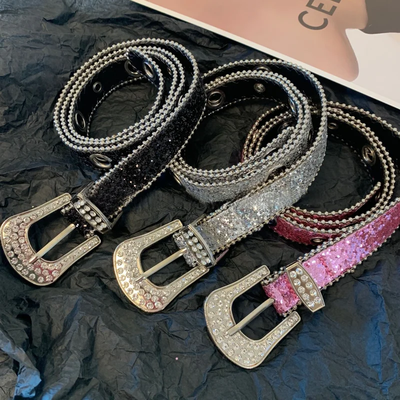 

Y2K Full Rhinestone Belts For Women Men Fashion Diamond Bling PU Metal Buckle Pin Waist Belt Leisure Dress Jeans Wild Waistband