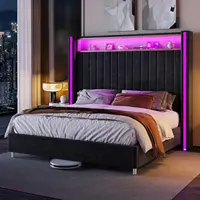 Size Bed Frame with LED Lights and Charging Station,Velvet Upholstered Platform Bed with 53 Tall Storage Headboard and Wingbacks 1