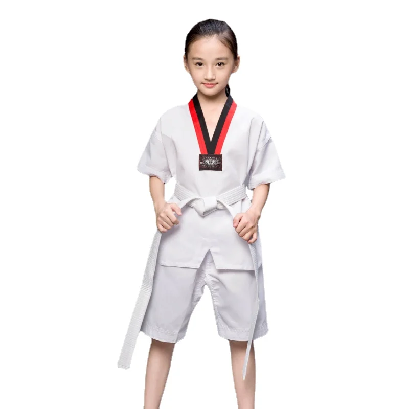 New White Taekwondo Uniforms WTF Karate Judo Dobok Clothes Children Adult Unisex Half Sleeve Gi Uniform TKD Costumes Clothing