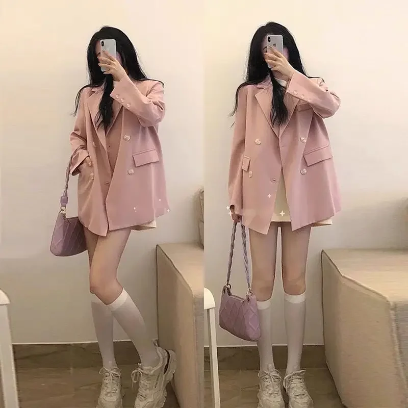 

Insozkdg Double-breasted Pink Women Suit Jacket 2024 Autumn New Korean Style Loose Design Sense Casual All-match Suit Blazer Top