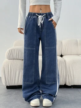 Jean coupe ample de Style décontracté pour femmes, avec cordon de serrage à la taille et poches inclinées, Denim Patchwork bloc de couleur, lavable en Machine