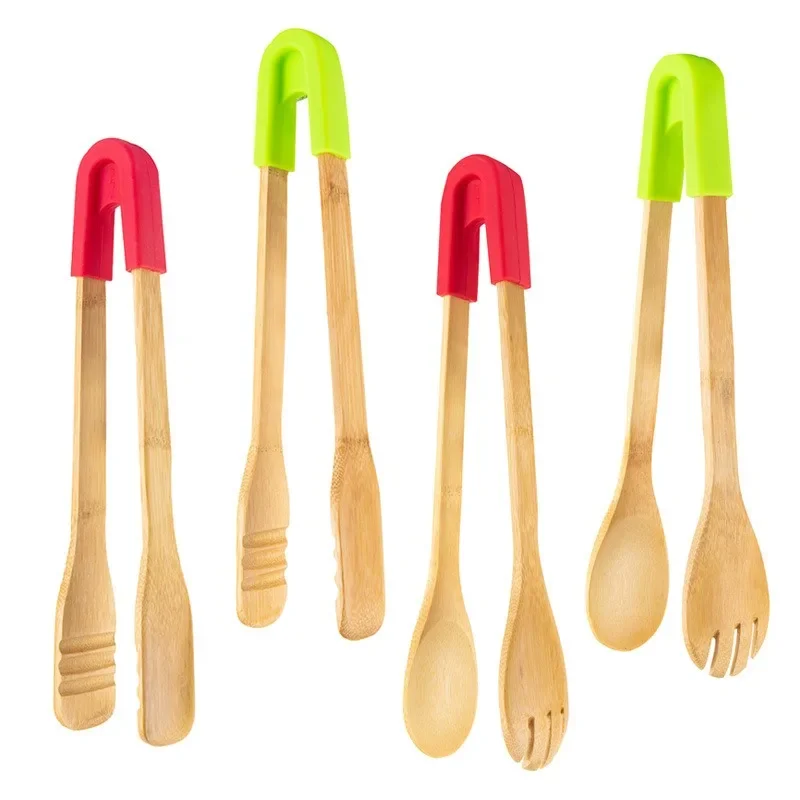 Kitchen Silicone Bamboo Tongs BBQ Grilling Clip Clamp Tong Salad Bread Tongs Eco Friendly Cooking Utensils