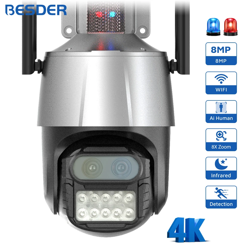 

8MP PTZ WiFi Camera with Police Light Alarm Dual Lens IP Camera 8X Digital Zoom Auto Tracking Audio Outdoor Security CCTV Camera