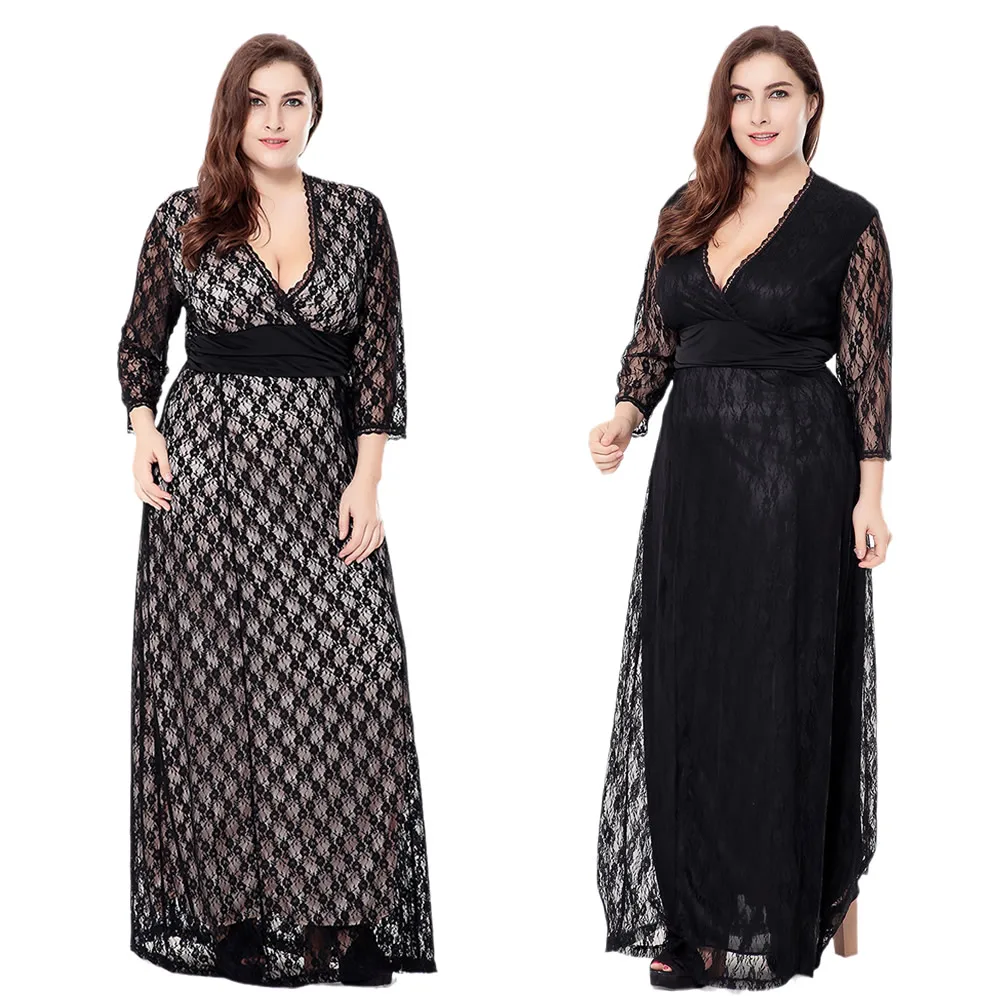 

Women's Black Lace V-Neck Floor-Length Maxi Dress Plus Size Clothing Spring Summer 2022 Three-Quarter Sleeve Long Party Dresses