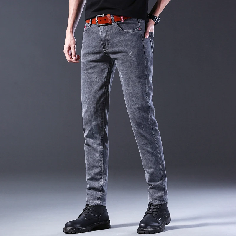 2024 Classic Men’s High Street Fashion Small Foot Skinny Jeans Stretch Soft Straight Leg Versatile Denim Trousers Gray Male 3