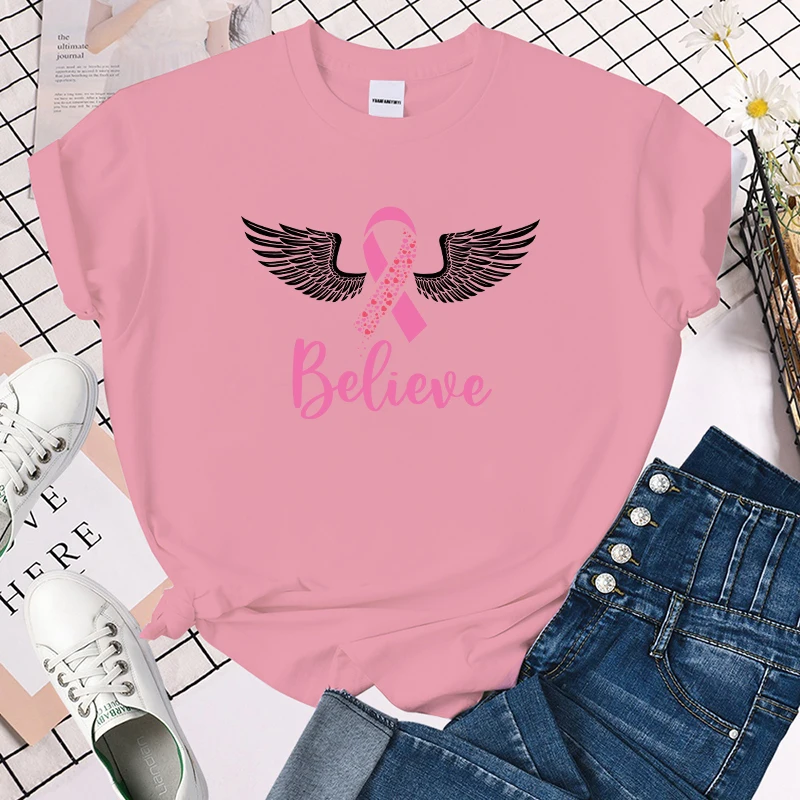

(Premium T-shirt)Hot Breast Cancer Awareness Believe Print T-Shirt Loose Short Sleeve Harajuku Casual Tops Women T-Shirt tops