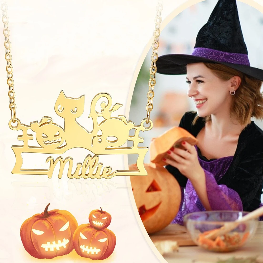 

Halloween Pumpkin Head Ghost Skeleton Necklace, Custom Name Pendant, Personalized Stainless Steel Fashion Jewelry, Holiday Gift