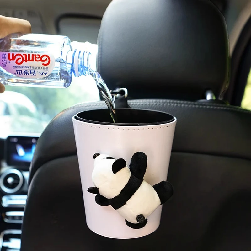 Cute Cartoon Panda Doll Car Trash Bin Can Waterproof Back Seat Headrest Mini Auto Air Vent Organizer Rubbish Bag Storage